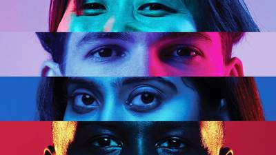 Close-up collage of four people’s eyes illuminated in blue, pink, and purple lighting