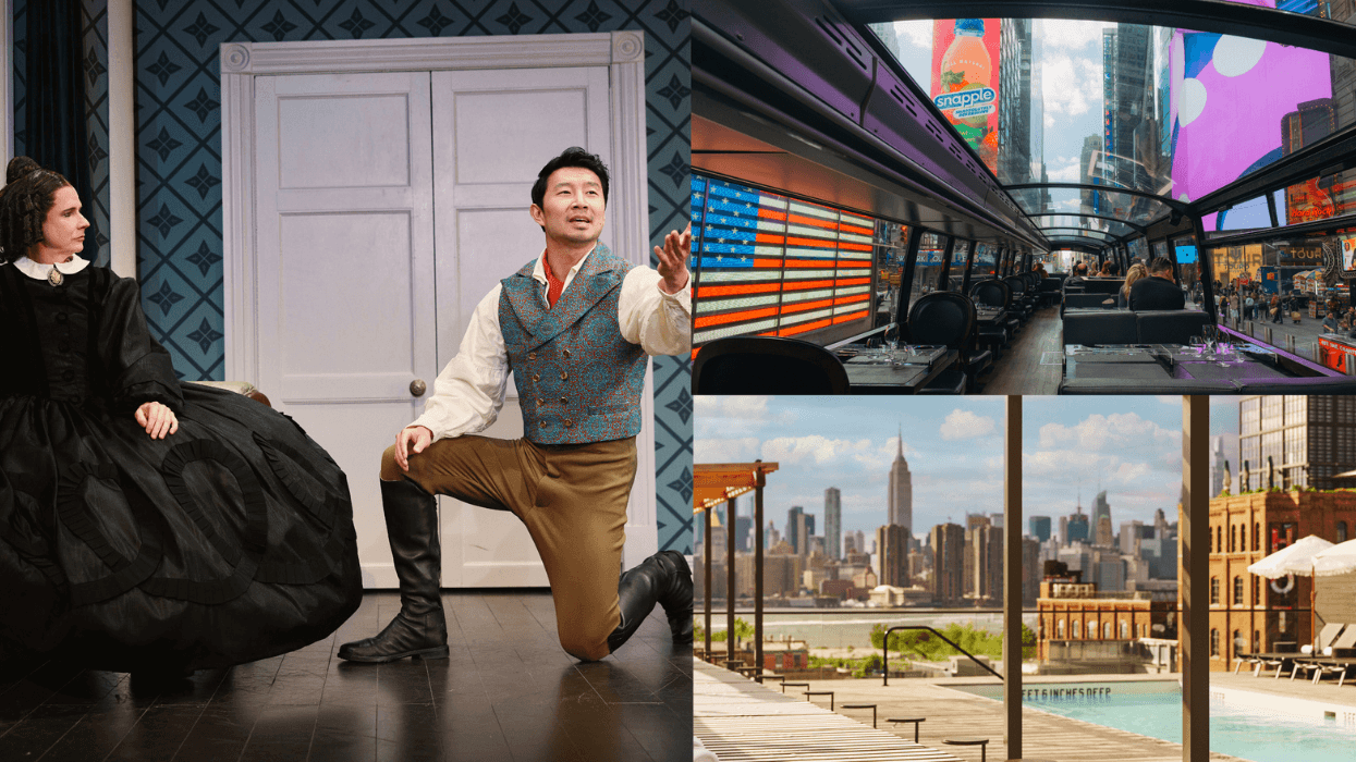 Collage featuring a scene from Oh, Mary!, the Bustronome dining bus, and Bathhouse's rooftop pool overlooking the Manhattan skyline.