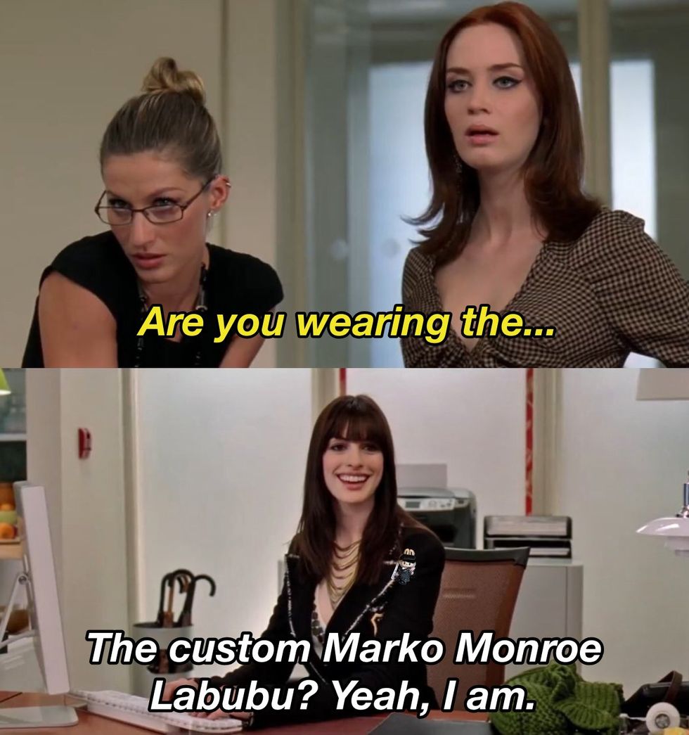 Collage of scene in \u200bThe Devil Wears Prada, custom Labubu by Marko Monroe, and subtitles by Out.com