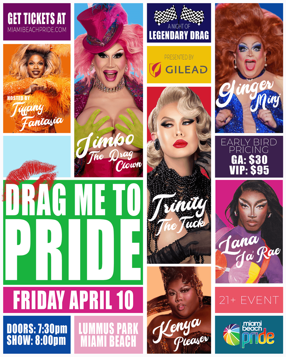 Colorful Drag Me to Pride event poster with performers and details for April 10 in Miami Beach.