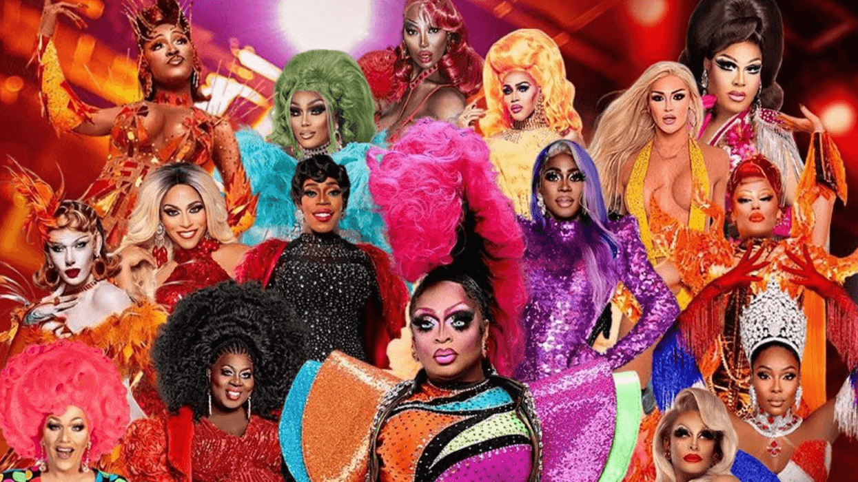 Colorful drag queens in glamorous outfits, posing against a vibrant, lit-up background.