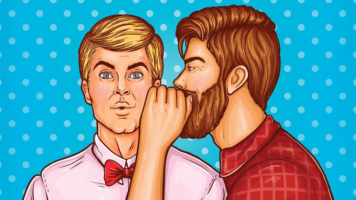 colorful pop art illustration of gay men telling a secret