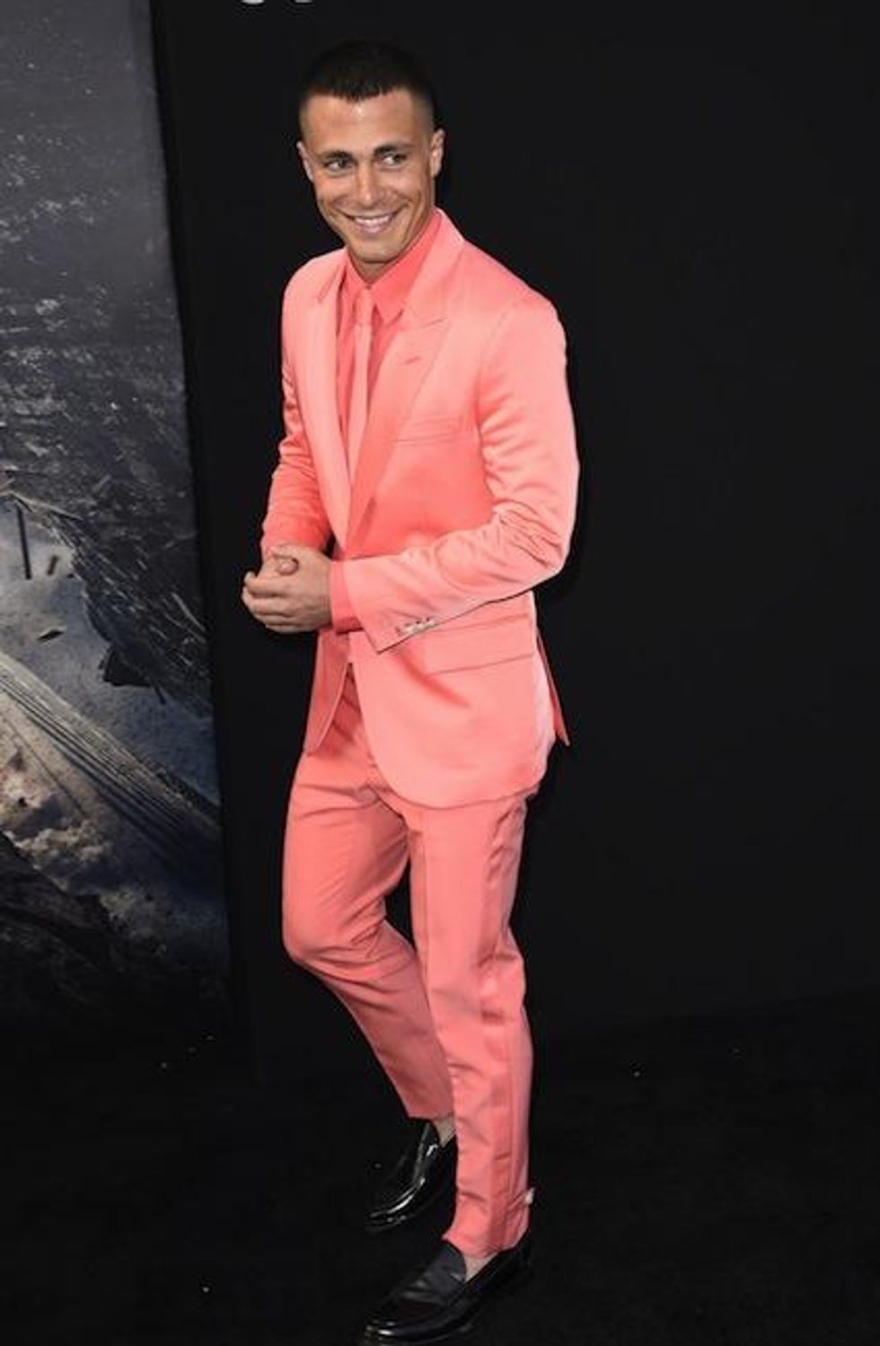 Colton Haynes pink suit San Andreas