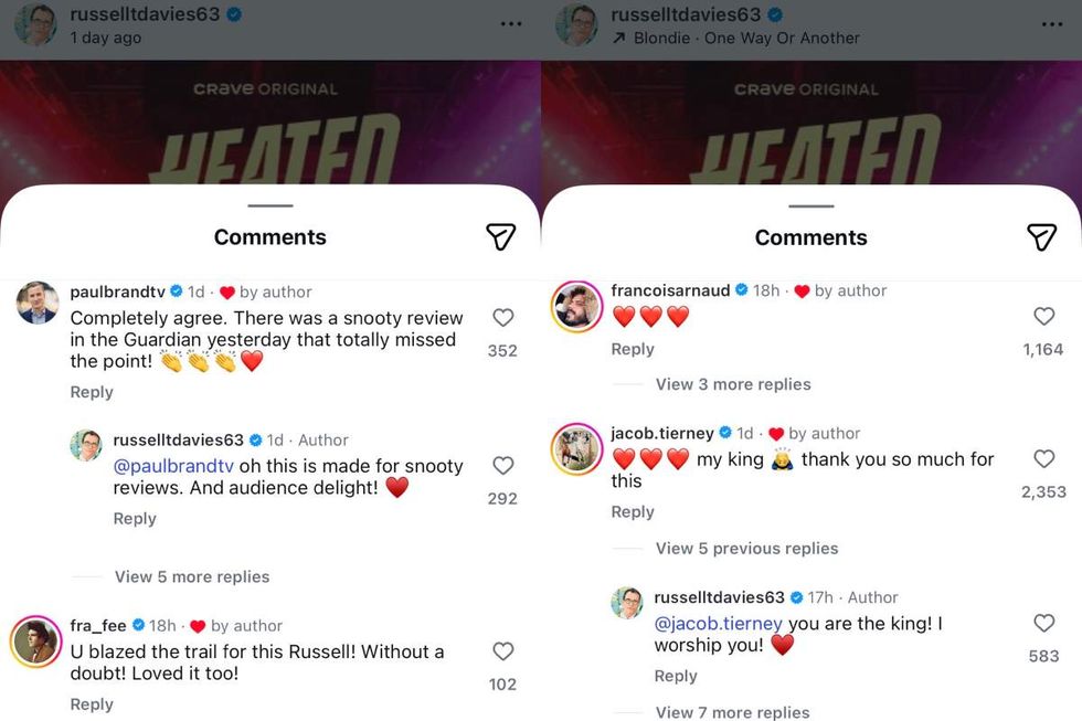 Comments section under Russell T Davies's Instagram post about Heated Rivalry