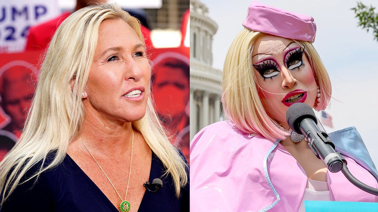 confused transphobe Marjorie Taylor Greene texas Drag performer Brigitte Bandit speaks press conference advocating LGBTQ rights Capitol Hill Washington DC 2024