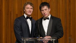 François Arnaud congratulates Jacob Tierney for another coveted 'Heated Rivalry' award