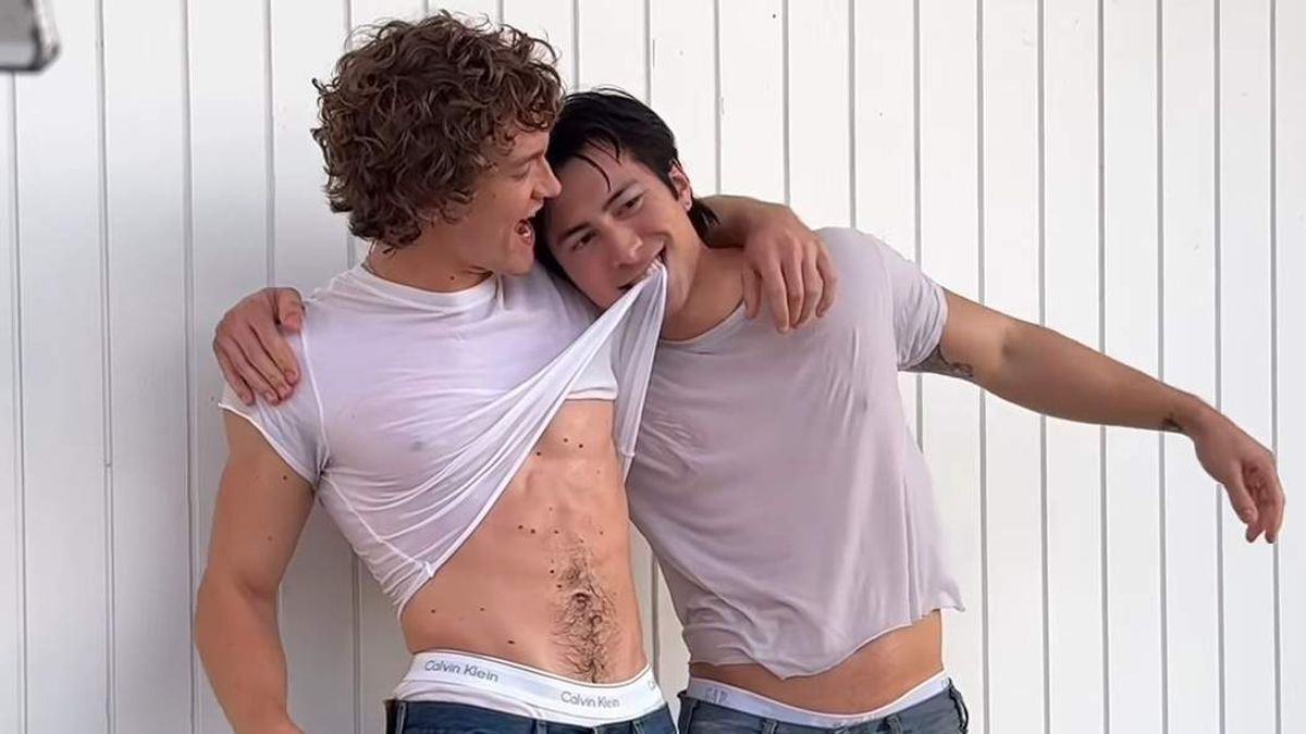 ​Connor Storrie and Hudson Williams posing for GQ Hype. 