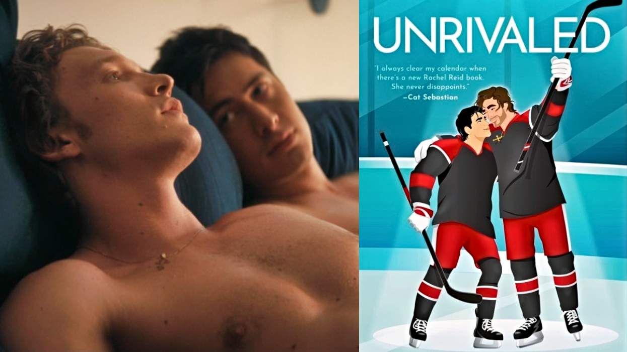 Connor Storrie as Ilya Rozanov and Hudson Williams as Shane Hollander on Heated Rivalry; The book cover for Rachel Reid's Unrivaled novel