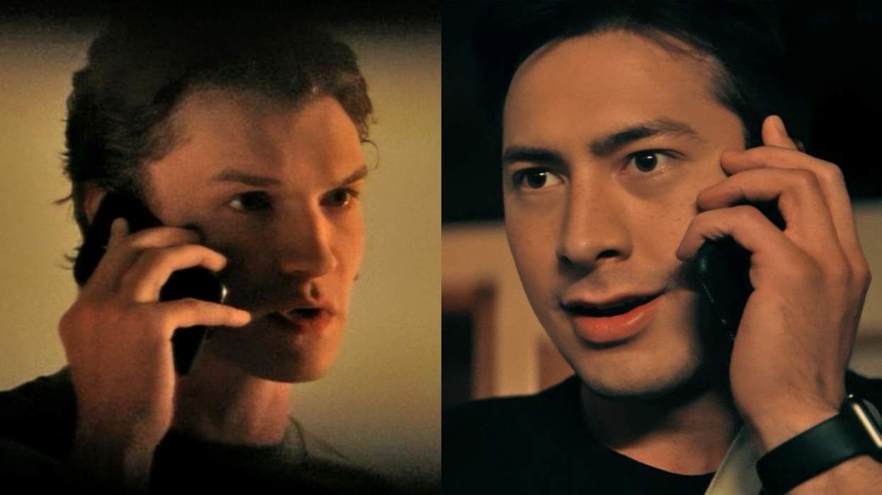 ​Connor Storrie as Ilya Rozanov; Hudson Williams as Shane Hollander in the final scene of Heated Rivalry episode 5