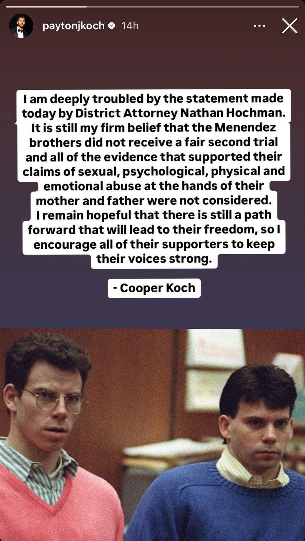 Cooper Koch statement shared via Payton Koch's Instagram story