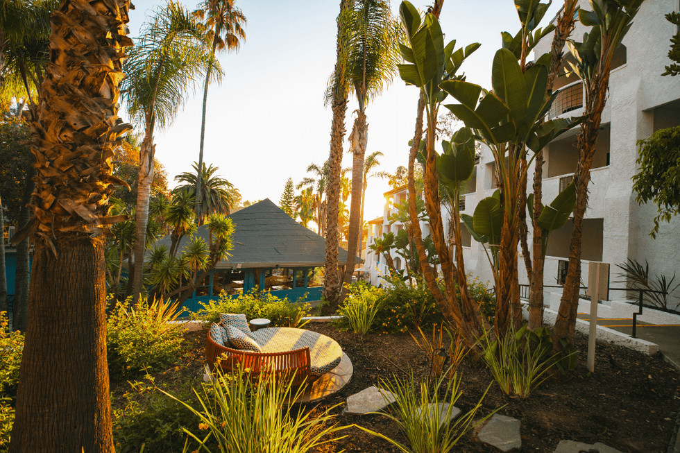 Courtyard of the hotel filled with palm trees, a daybed, view of the restaurant and glowing sunset light beaming through.