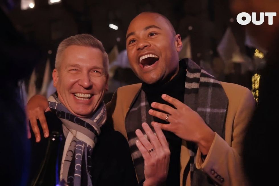 Craig Buchholz and Sebastian West posed for cameras after getting engaged at the Rockefeller Center ice skating rink
