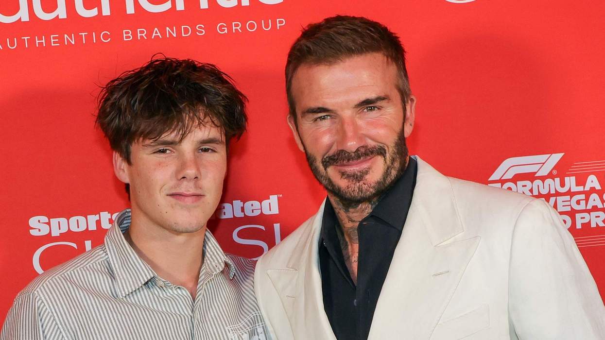 Cruz Beckham (L) and David Beckham attend Sports Illustrated Club SI during the F1 Grand Prix of Las Vegas.