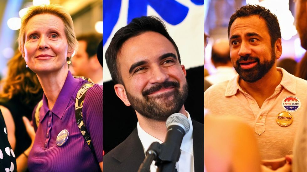 Cynthia Nixon; Zohran Mamdani; Kal Penn at the election night gathering for New York mayoral candidate Zohran Mamdani on Tuesday June 24, 2025