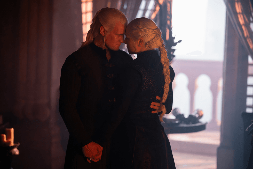 Daemon and Rhaenyra Targaryen stand closely together in House of the Dragon season 3.