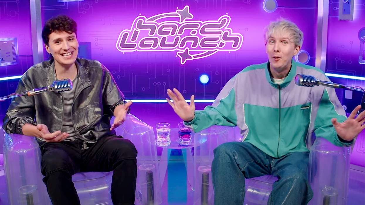 Dan Howell and Phil Lester promoting their new podcast Hard Launch With Dan and Phil