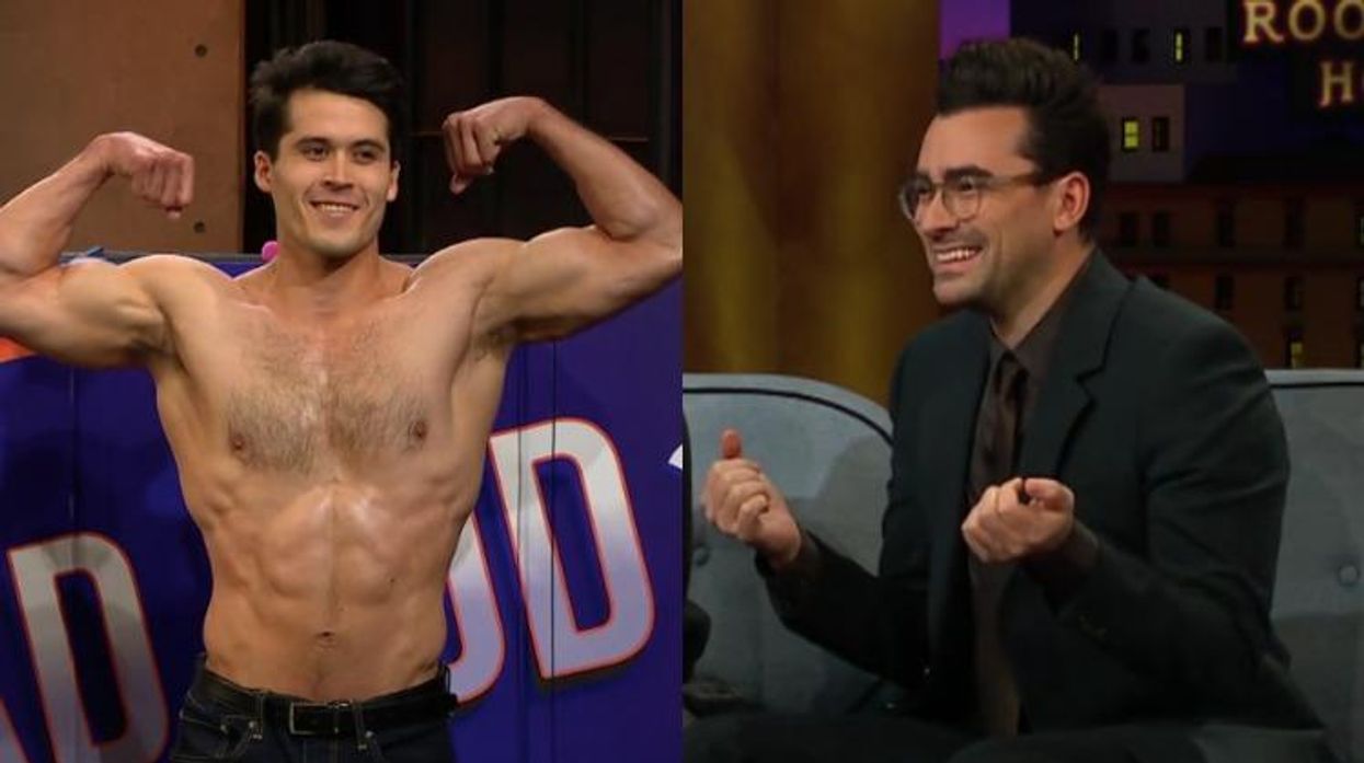 Dan Levy and a shirtless guy.