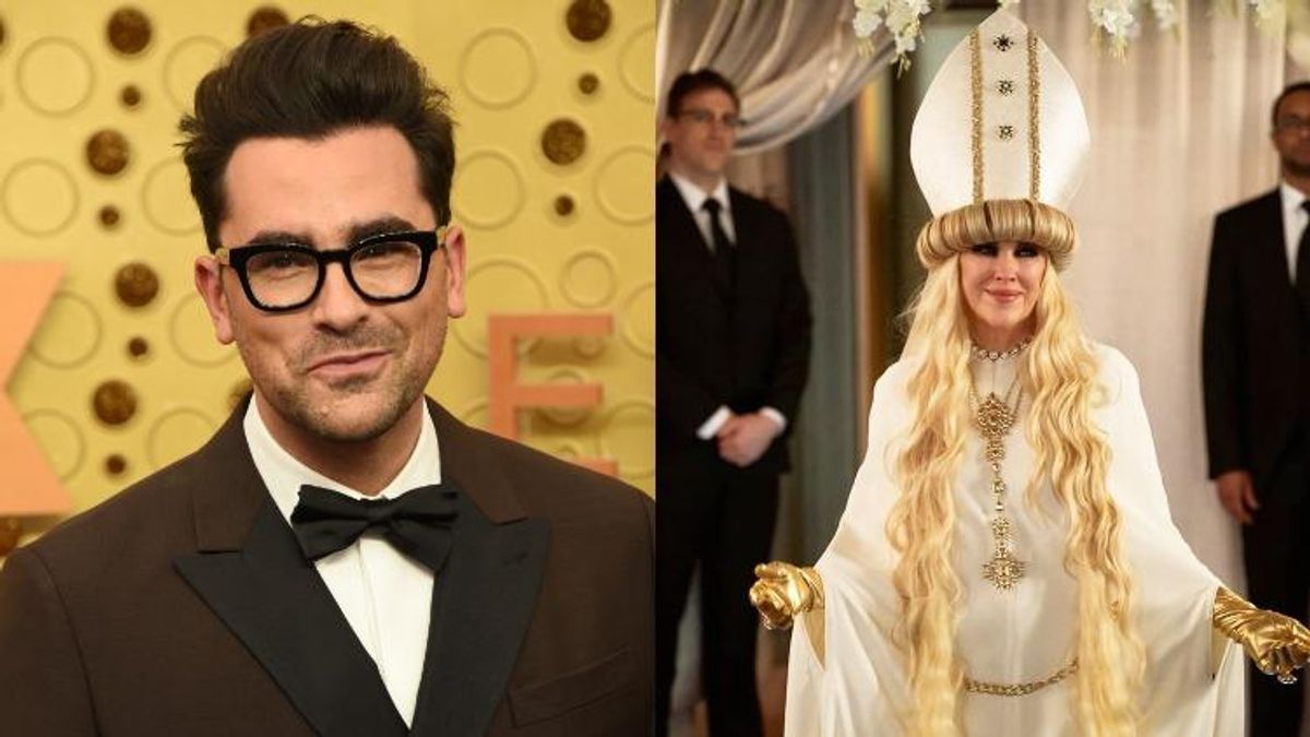 Dan Levy and Moira Rose's wedding look from Schitts Creek