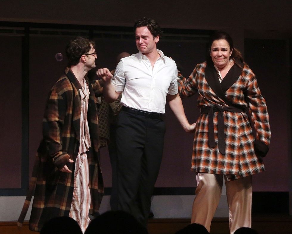 Daniel Radcliffe, Jonathan Groff, and Lindsay Mendez in Merrily We Roll Along