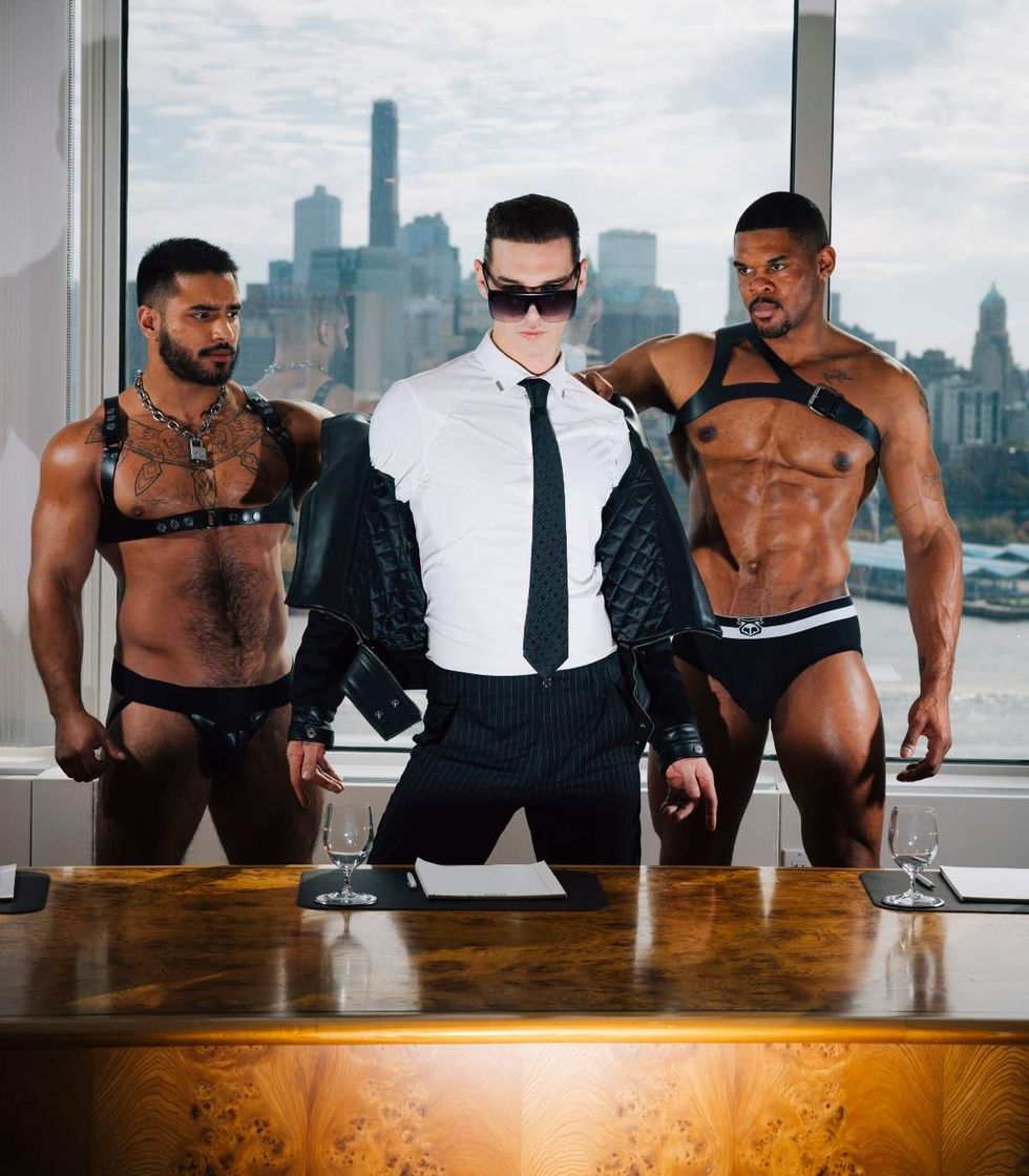 David Alcoc\u00e9r, \u200bViolet Chachki, and Diego Miyake-Mugler in\u00a0Mergers and Acquisitions campaign for Nasty Pig
