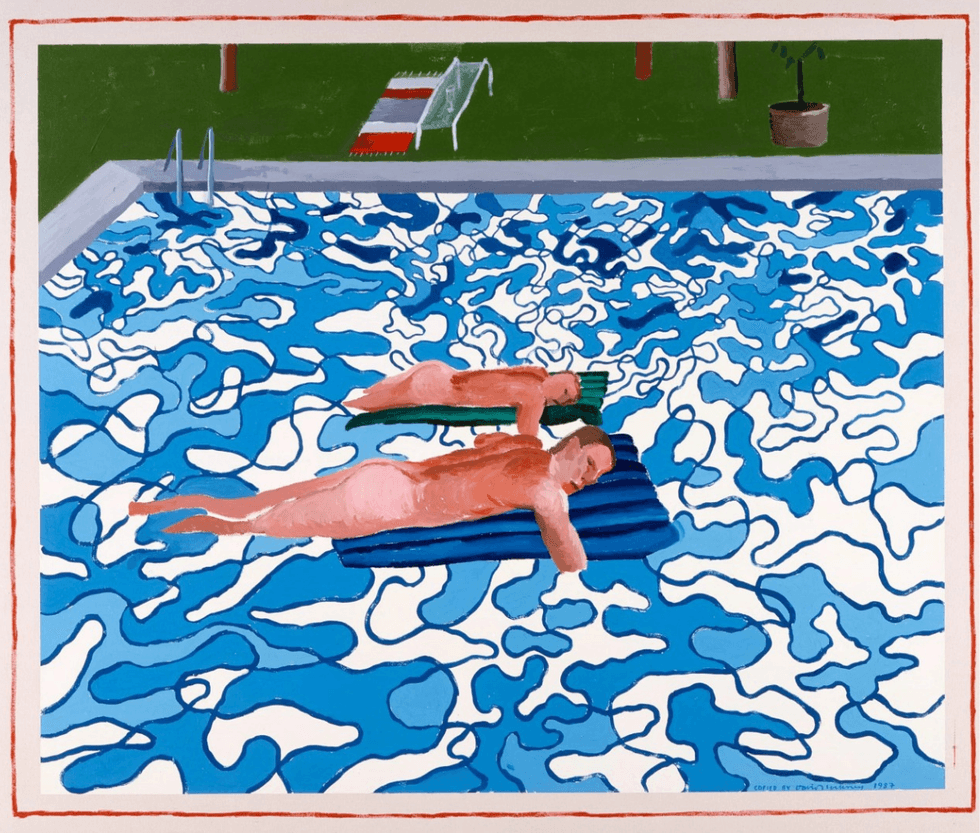 David Hockney\u2019s California Copied From 1965 Painting in 1987, depicting two nude men floating on rafts in a swimming pool filled with swirling blue water.
