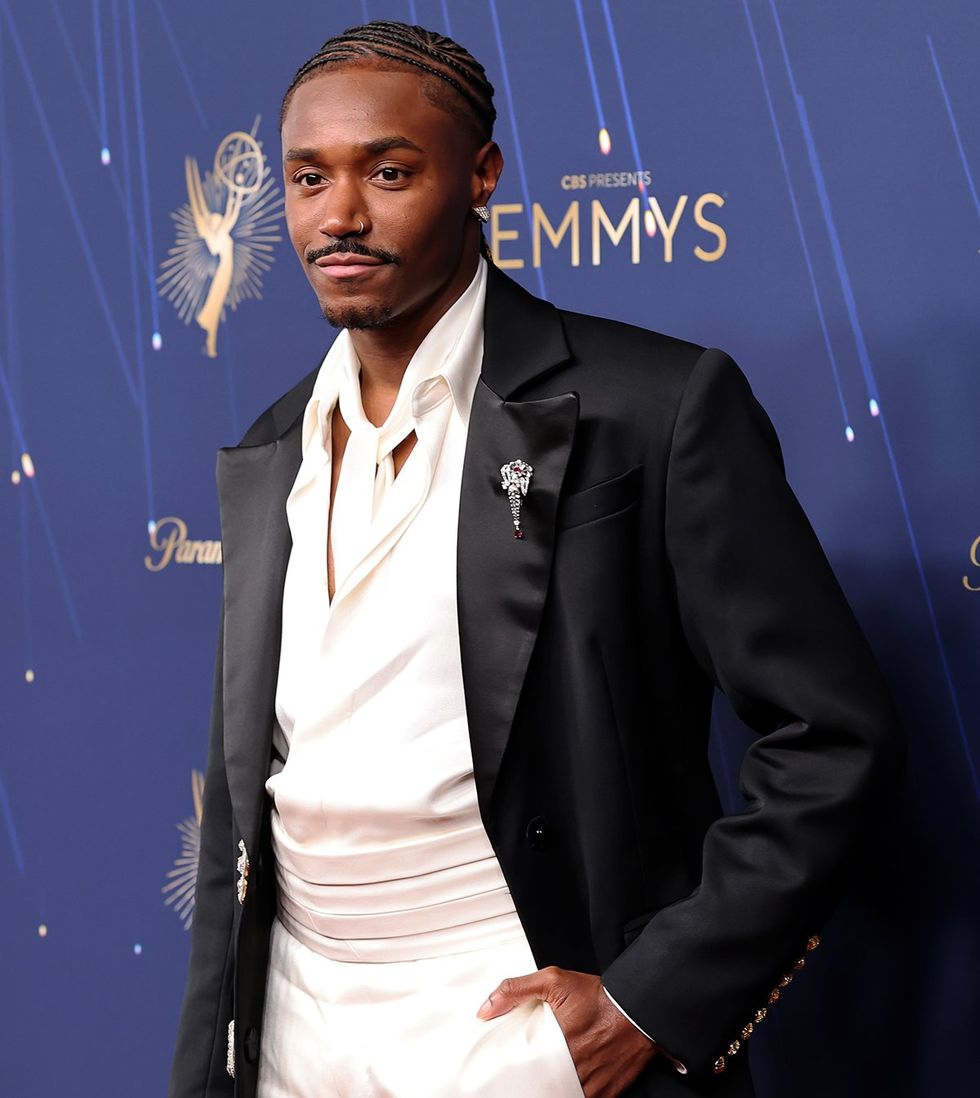 Dewayne Perkins on the 2025 Emmys red carpet in Harbison Studio