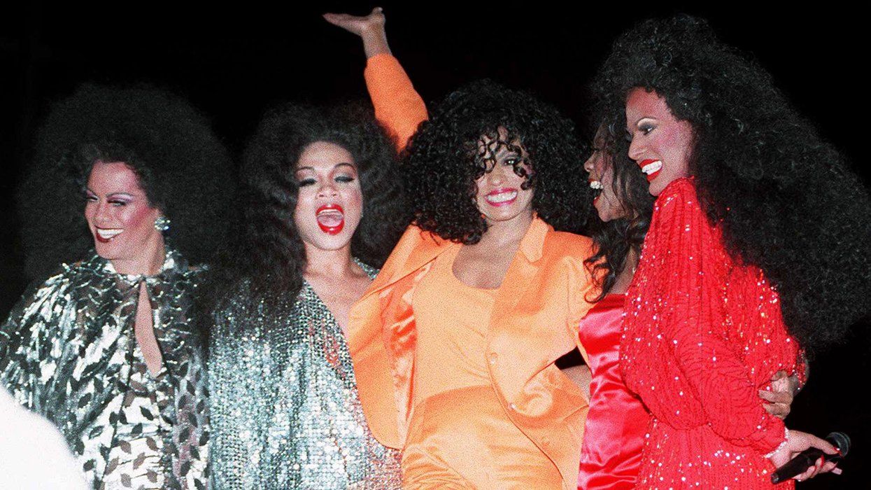 DIANA ROSS ON SANTA MONICA BOULEVARD pictured center wearing orange surrounded by impersonators WeHo 1996 West Hollywood Los Angeles California