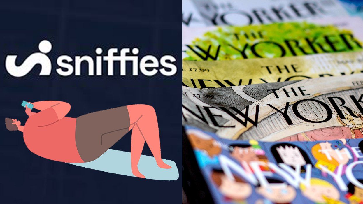 digital collage of sniffies logo and illustrated person checking cell phone alongside New Yorker Vintage magazines in a pile