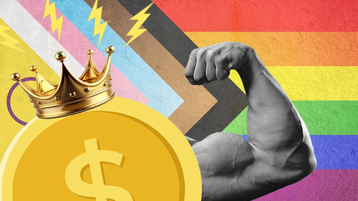 digital collage progress pride flag strong muscle crown dollar sign power of LGBTQIA money