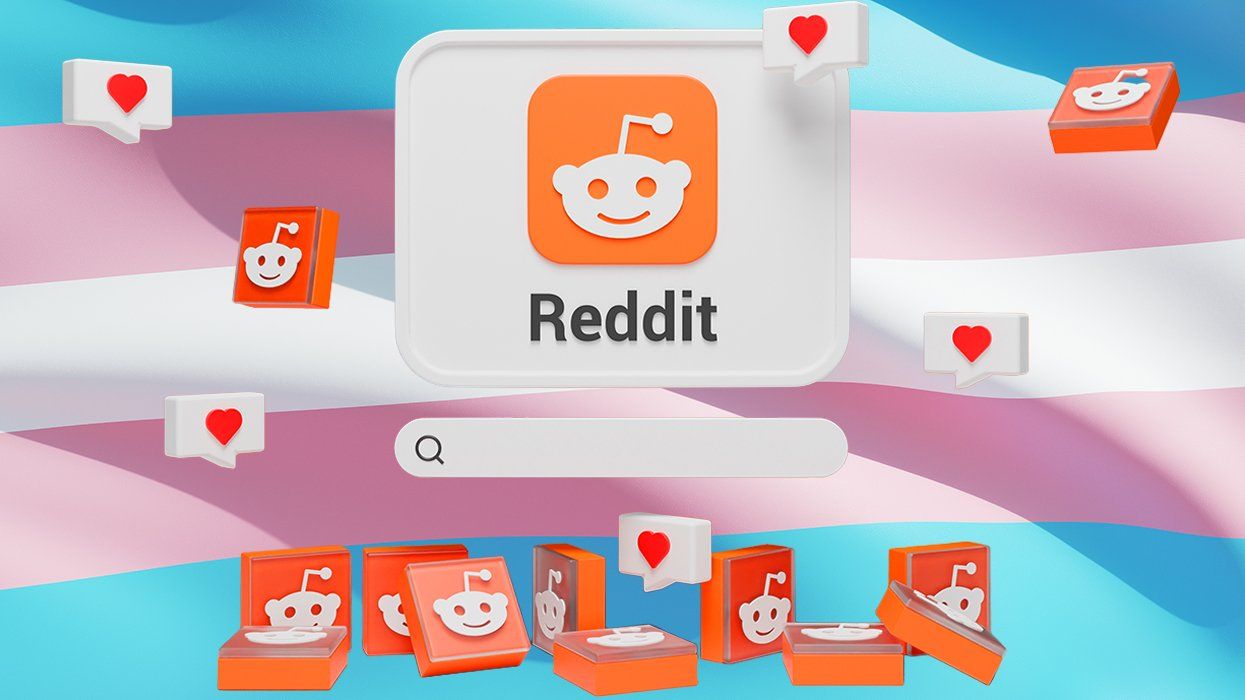 digital collage reddit logos and heart boxes transgender flag waving background
