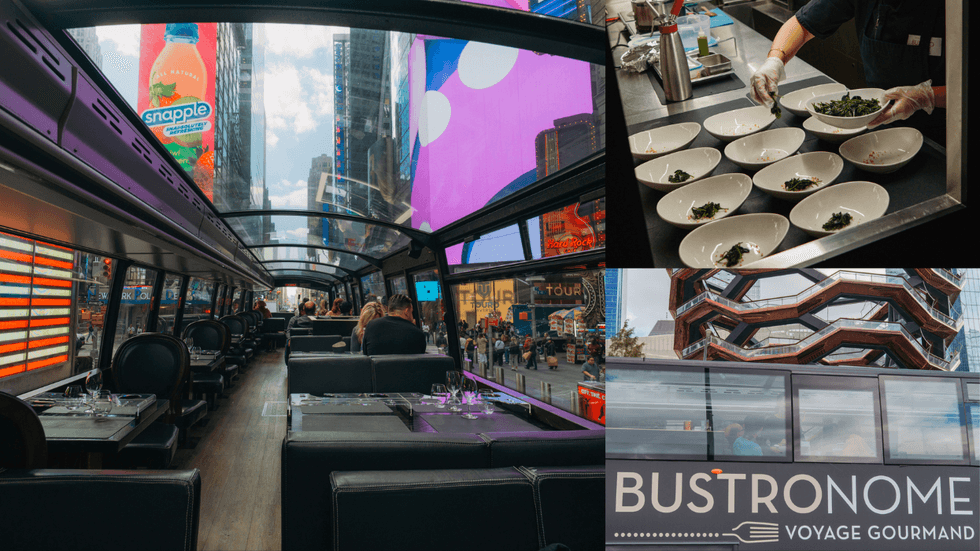 Dining Inside a Glass-Roofed, Double-Decker Restaurant Bus as New York Rolls By