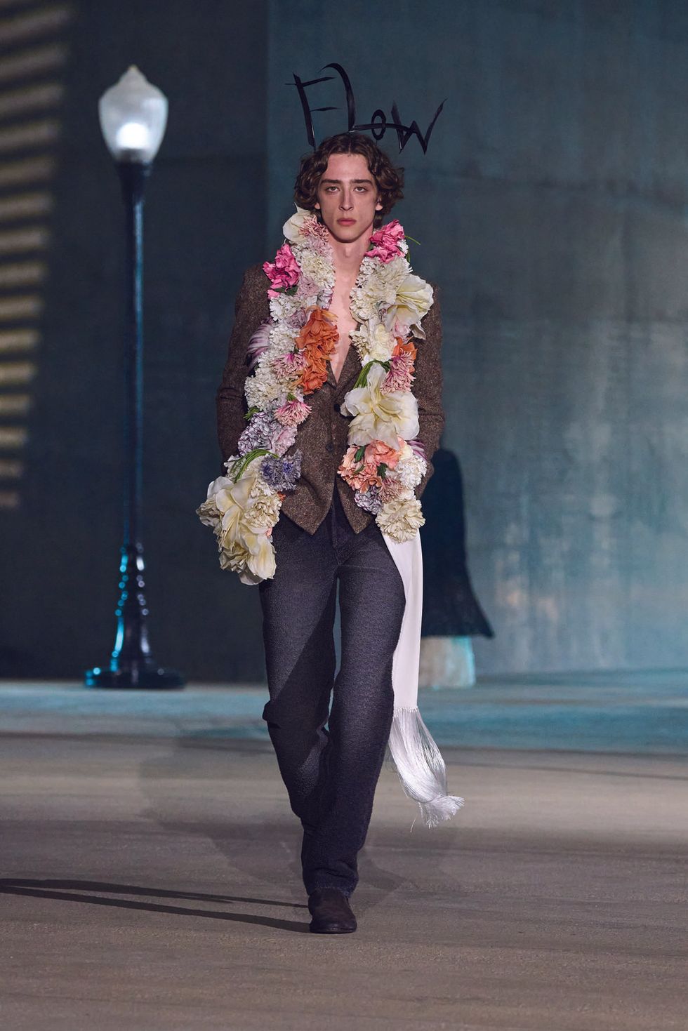Dior runway model wearing floral look