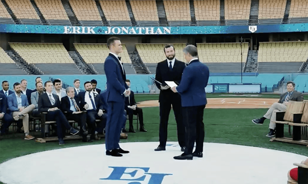Dodger Stadium Plays Host To Romantic Wedding of Executive Erik Braverman and Model Jonathan Cottrell