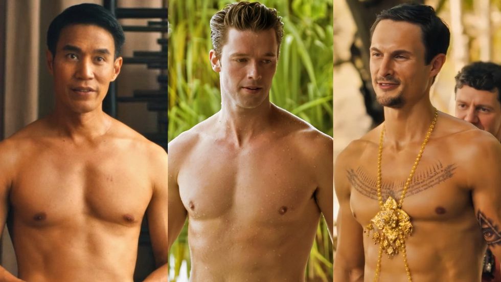 Dom Hetrakul; Patrick Schwarzenegger; Arnas Fedaravičius on The White Lotus season 3