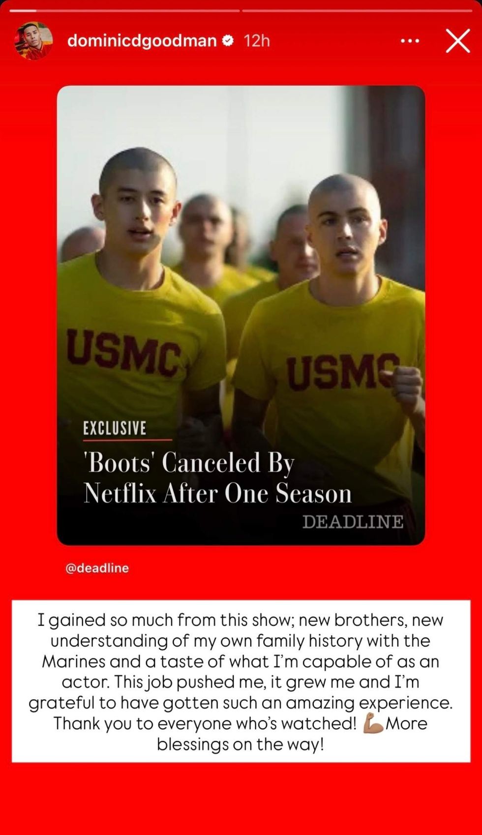 Dominic Goodman, who played Isaiah Nash on Boots, shared via Instagram Story