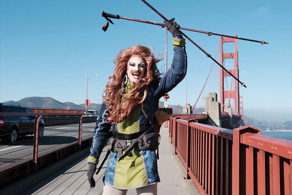 Drag artist and activist Pattie Gonia at the Golden Gate Bridge