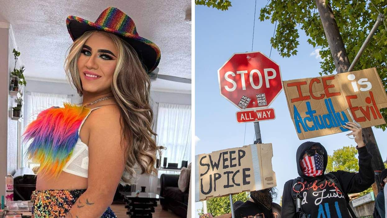 Drag queen Hilary Rivers and a photo of ICE protestors