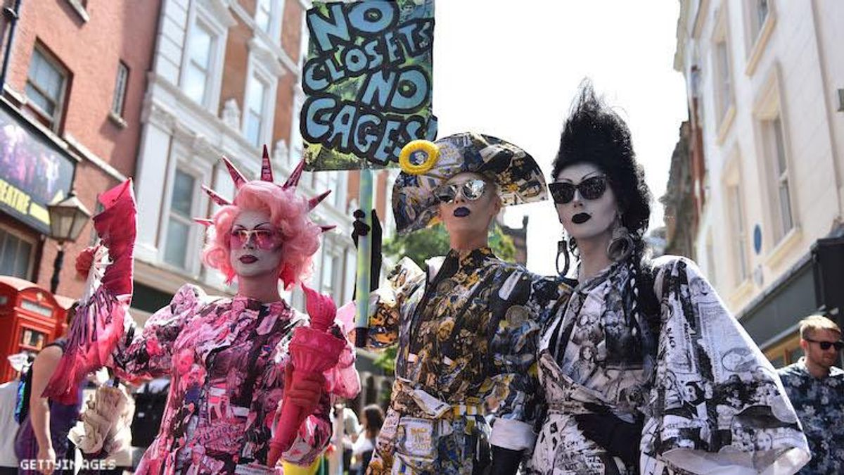 Drag queens in a mock protest.