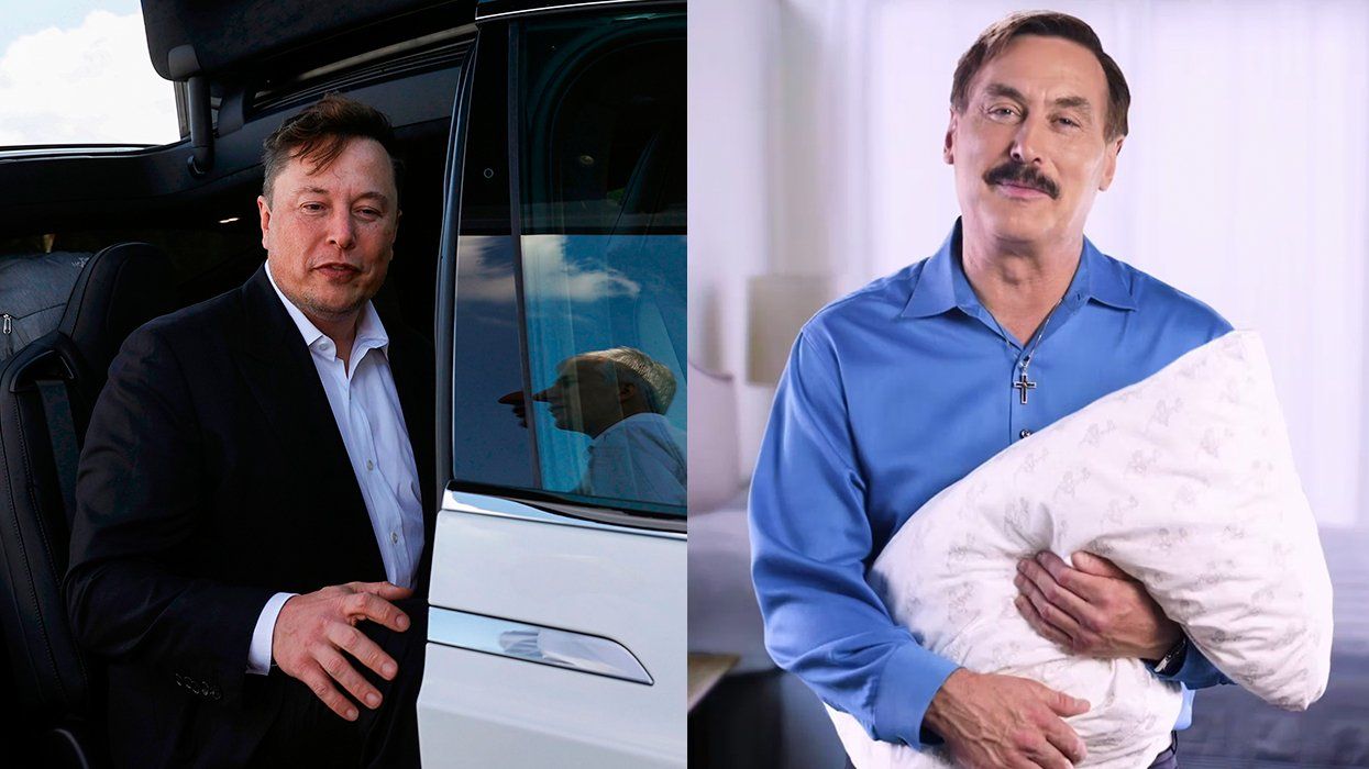 Elon Musk in a Tesla car Mike Lindell hugging a mypillow