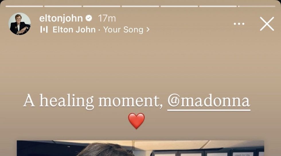 Elton John shares Madonna's Instagram post announcing that the two singers have "buried the hatchet"