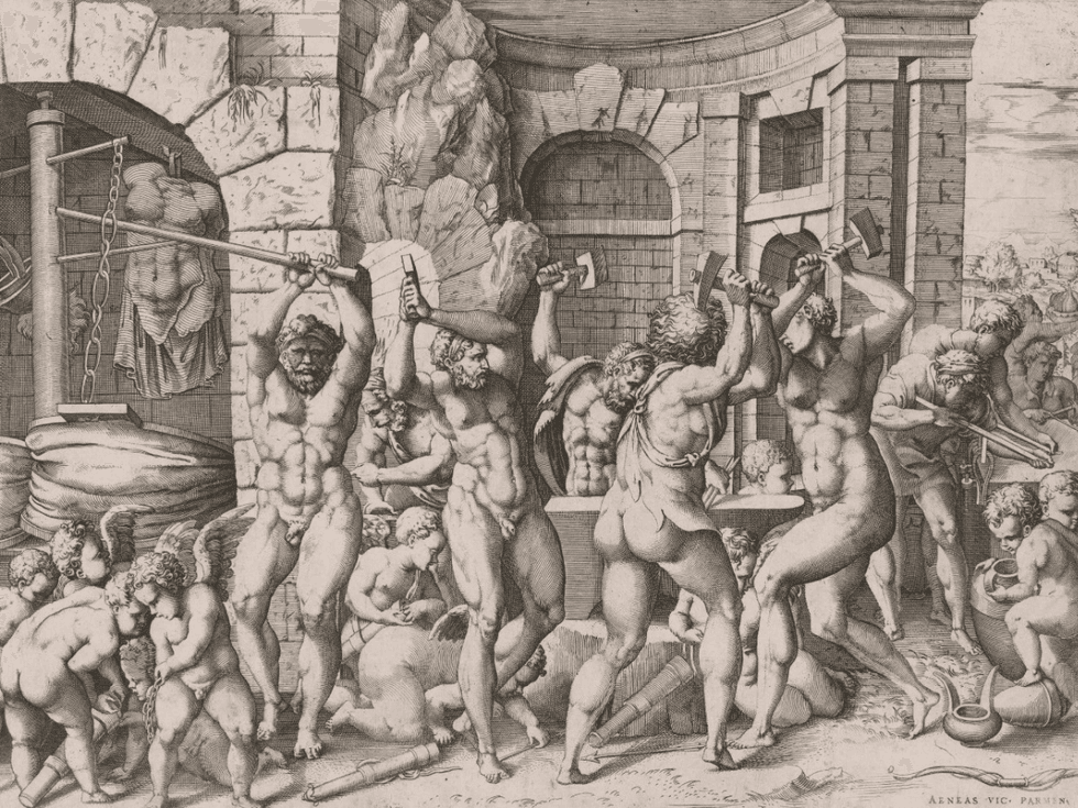 Enea Vico\u2019s The Forge of Vulcan, a black-and-white engraving depicting muscular figures working inside a forge.
