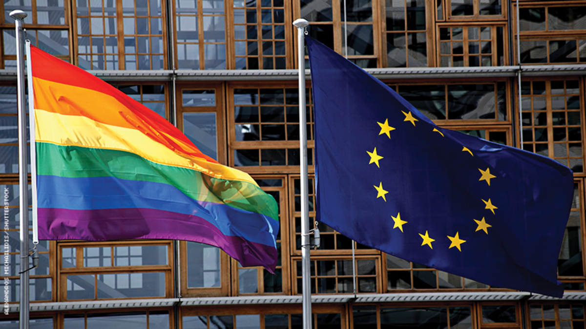 European Union Flag and Pride Flag flying