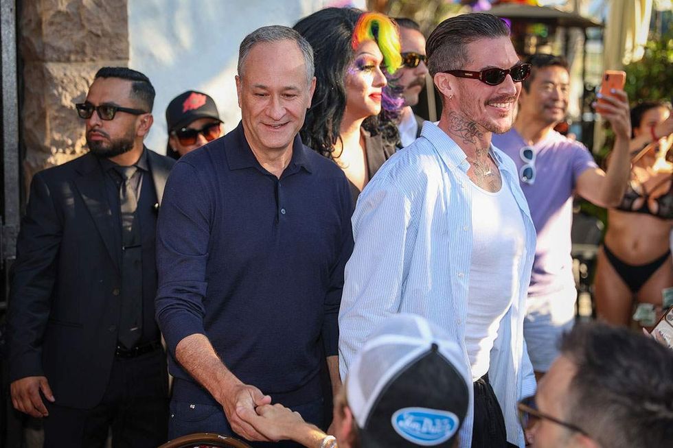 Former Second Gentleman Doug Emhoff greeted patrons at The Abbey on June 13.