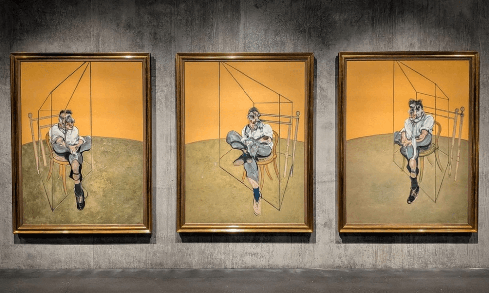 Francis Bacon\u2019s Three Studies of Lucian Freud, a triptych showing three distorted portraits of a seated man against orange backgrounds.