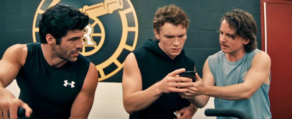 Franco Lo Presti as Cliff Marleau, Connor Storrie as Ilya Rozanov, and Harrison Browne on Heated Rivalry season 1 episode 4