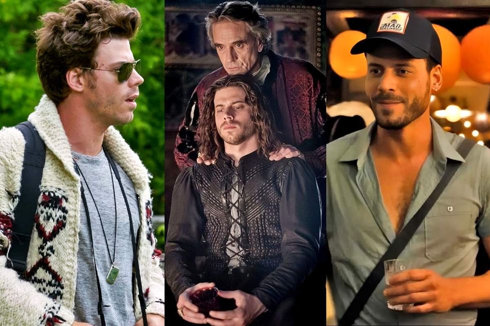 Francois Arnaud as Sebastien Raine on Schitt's Creek; Francois Arnaud as Cesare Borgia and Jeremy Irons as Rodrigo Borgia on The Borgias; Francois Arnaud as Sammy in Twinless