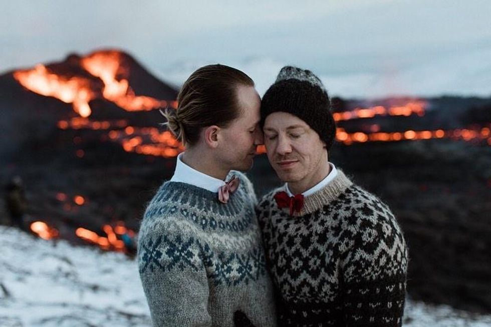 Gay couple in Iceland get married in front of a volcano.