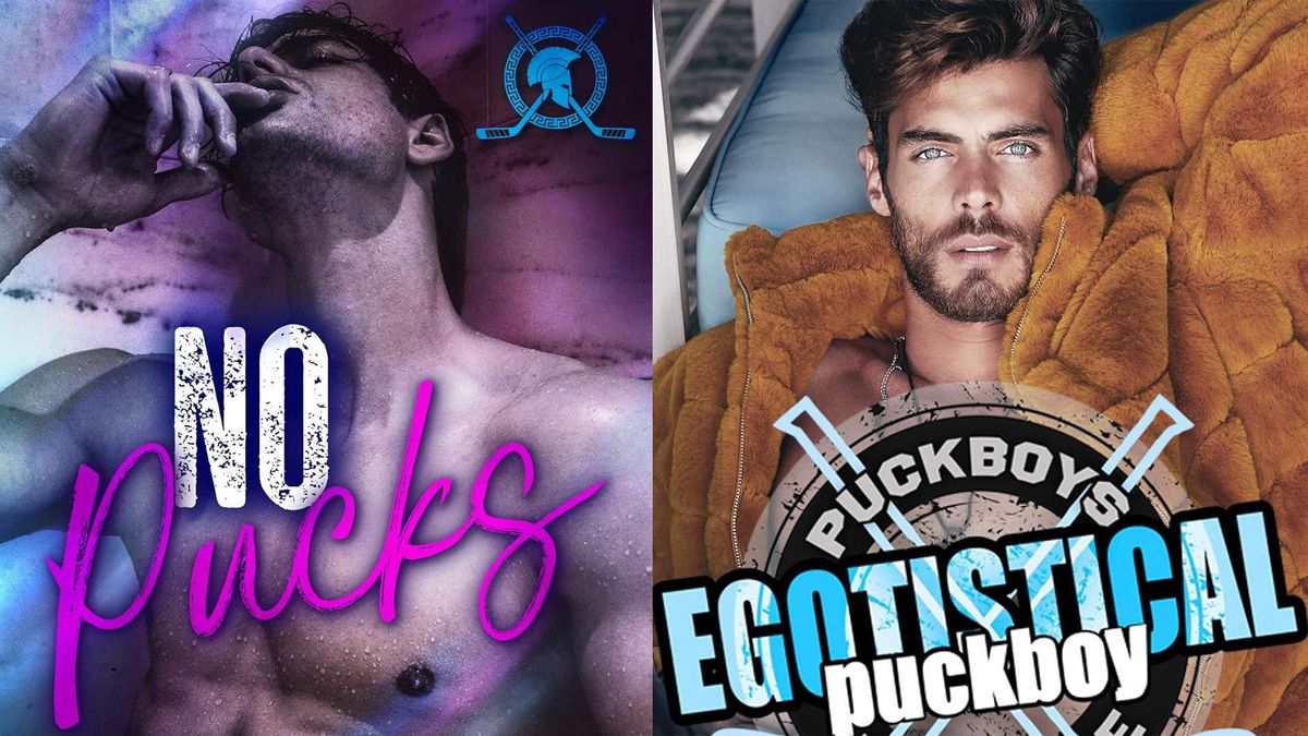 Gay hockey romance book covers for No Pucks and Egotistical Puckboy.