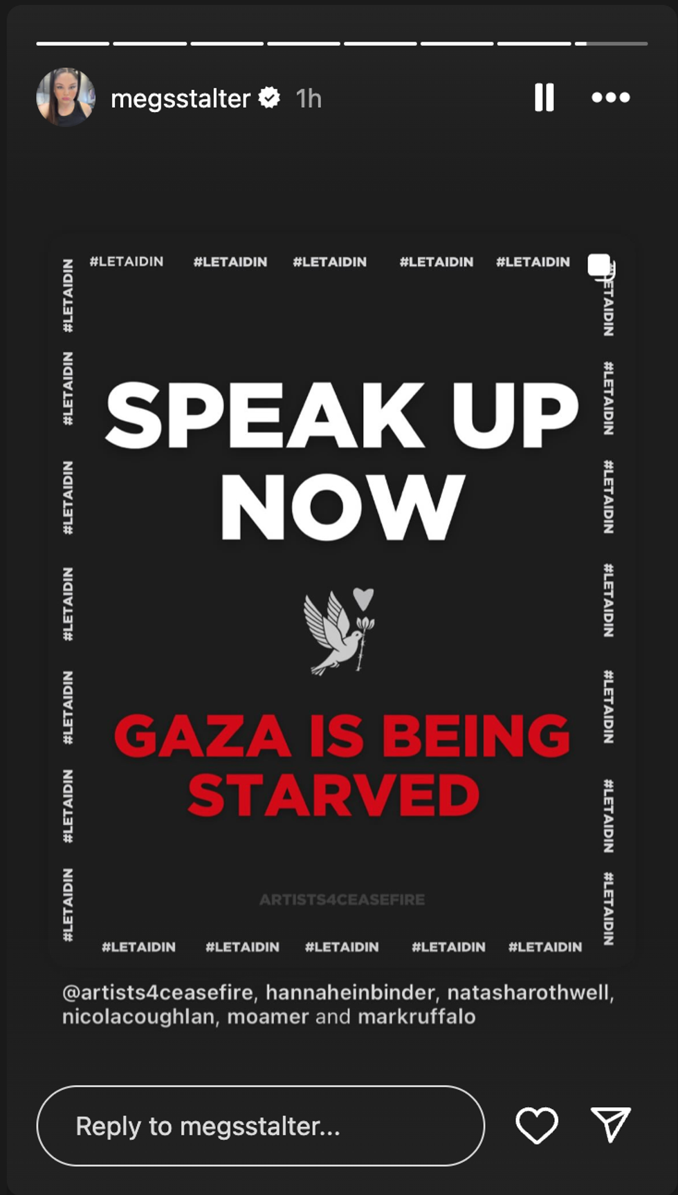 Gaza Ceasefire graphic from Meg Stalter's instagram