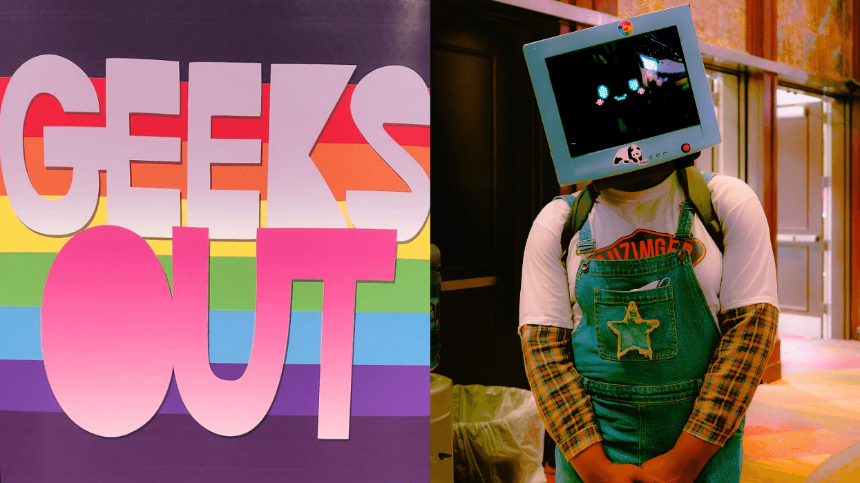 Geeks Out banner beside a cosplayer wearing a TV monitor helmet and overalls at Flame Con